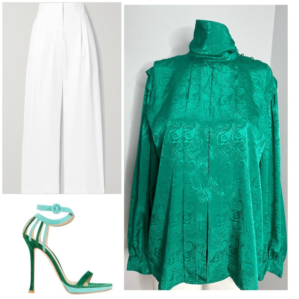 KAREN SCOTT VINTAGE GREEN PLEATED HIGH NECK BLOUSE/ Size 12